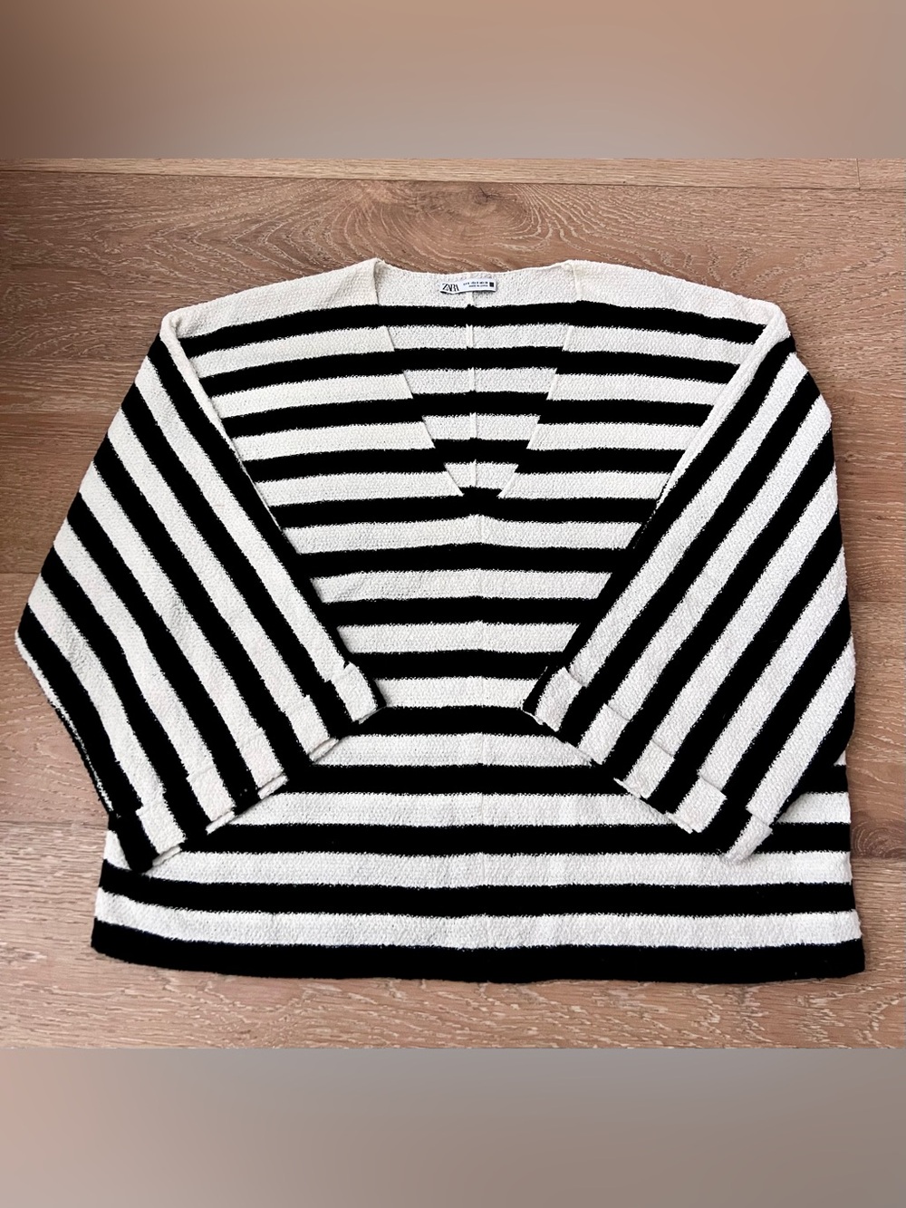 Zara Black and Cream Striped V-Neck Sweater